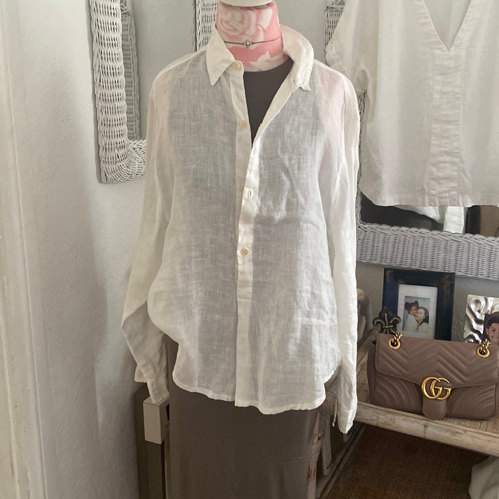 CP Shades White Linen 3/4 Button Up Long Sleeve Shirt Size S